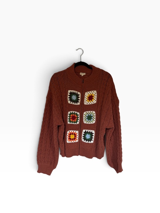 POL Sweaters - POL "Tessa" Granny Square Cable-Knit Zip Cardigan Granola Cottagecore L Sweater